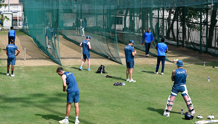 England’s team players attend a practice session at the Rajiv Gandhi International Stadium in Hyderabad on January 23, 2024. — AFP