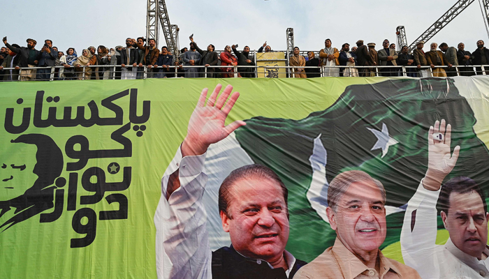 Pakistans former PM and leader of the PMLN party Nawaz Sharif (C) addresses the gathering during an election campaign rally at Mansehra in Khyber Pakhtunkhwa province on January 22, 2024. — AFP