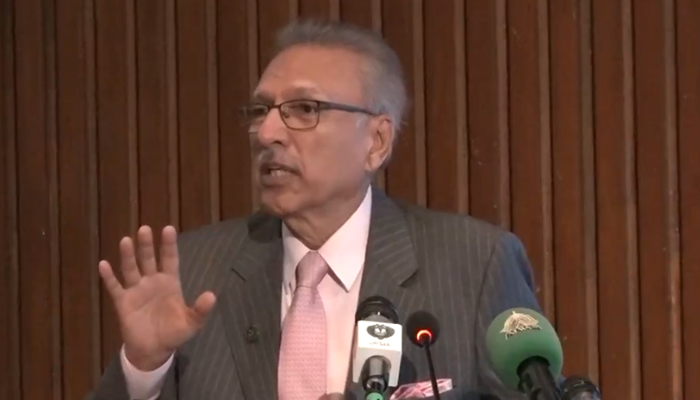 President Dr Arif Alvi addresses an event in connection with the World Education Day on January 24, 2024. — Facebook/Ministry of Federal Education and Professional Training Pakistan