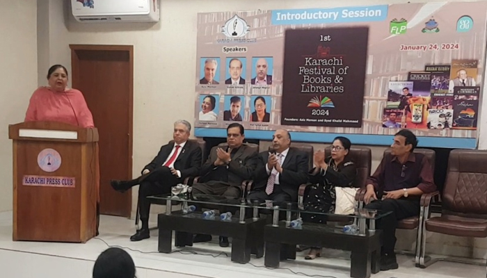 Participant addresses the inaugural edition of the Karachi Festival of Books & Libraries (KFBL) 2024 introductory session held at the Karachi Press Club (KPC) on January 25, 2024. — Facebook/Karachi Library Association