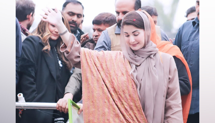 PMLN Chief Organiser Maryam Nawaz waves to her supporters during a rally in her constituency, NA-11 in Lahore on January 25, 2024. — Facebook/PML(N)