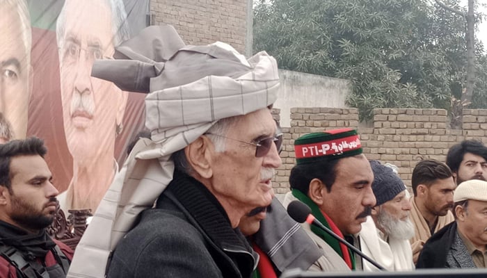 Pakistan Tehreek-e-Insaf-Parliamentarians(PTIP) chairman Pervez Khattak speaks during a gathering on January 25, 2024. — Facebook/Pervez Khattak