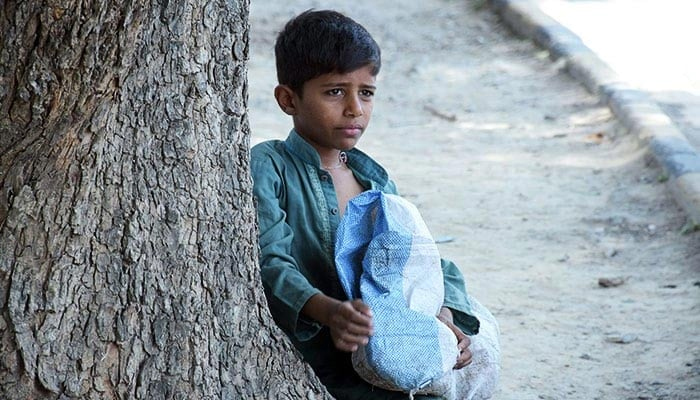 A young boy collects recycling items from the roadside to sell for earning daily wages, on June 11, 2022. — Online