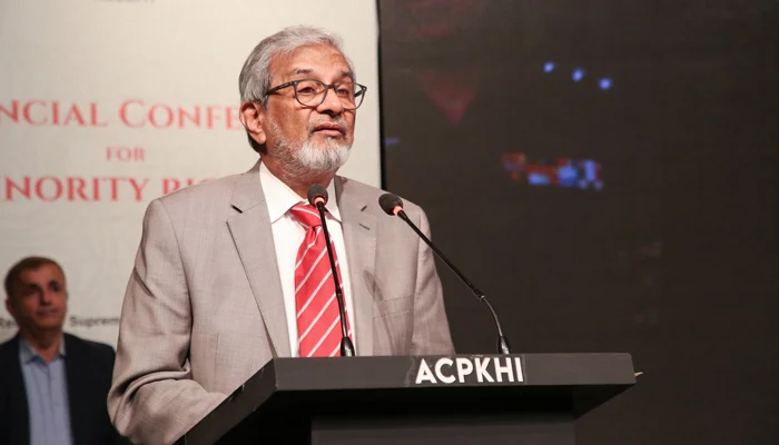 Sindh caretaker chief minister Justice (retd) Maqbool Baqar speaks at a conference on the rights of religious minorities at the Arts Council Of Pakistan on January 23, 2024. — Facebook/Arts Council of Pakistan Karachi