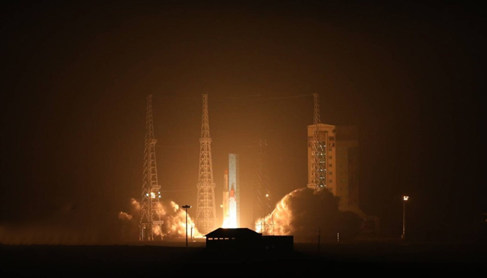 This image shows an Iranian rocket carrying three satellites blasting off from s station on January 28, 2024. — IRNA