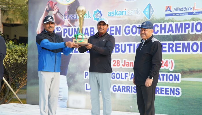 Matloob Ahmed of Lahore Gymkhana poses with a trophy of the Open Golf Championship on January 29, 2024. — Facebook/Pakistan Golf Federation