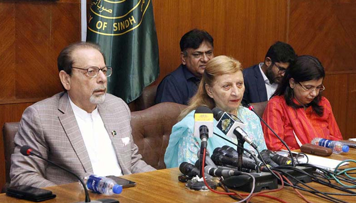 Caretaker Sindh Information, Minorities Affairs Minister Ahmed Shah, caretaker Education Minister Rana Hussain addressing a press conference at Sindh Assembly. — APP/File