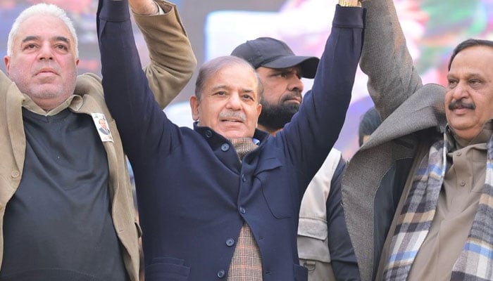 PML-N President Shehbaz Sharif is seen in a public rally on Jan 27, 2024. — x/CMShehbaz