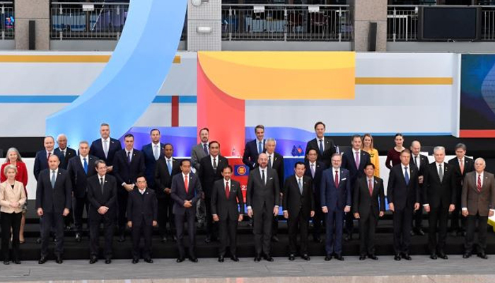 Heads of state pose for photo at the European Union-ASEAN summit at the European Council headquarters in Brussels on Dec. 14, 2022. — AFP