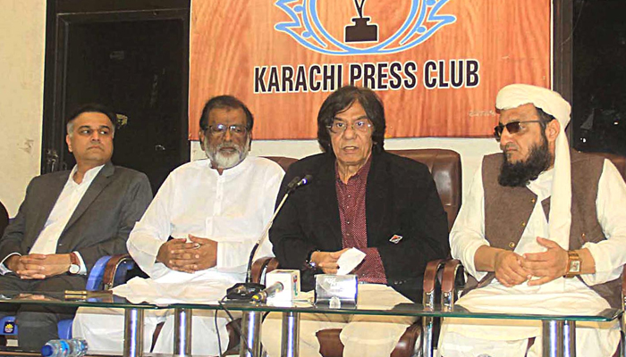 MQM Pakistan leader Rauf Siddiqui (2nd R) addresses a press conference on January 31, 2024. — INP