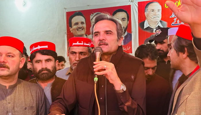 Awami National Party (ANP) leader and former chief minister Ameer Haider Khan Hoti speaks during a gathering of supporters on February 1, 2024. — Facebook/Awami National Party