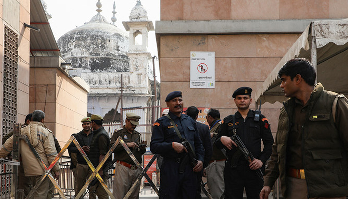 Security personnel stand guard near the Gyanvapi mosque in Varanasi on February 01, 2024. — AFP