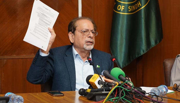 Sindh Caretaker Information Minister Muhammad Ahmed Shah speaks during a presser in Karachi on February 2, 2024. — Facebook/Mohammad Ahmed Shah