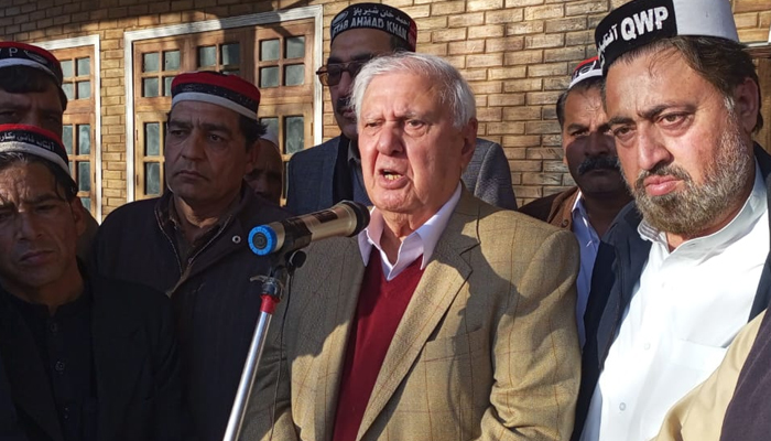 Qaumi Watan Party (QWP) Chairman Aftab Ahmad Khan Sherpao addressing the grand election rally organized in Union Council Kangra Tehsil Shabqadar on February 1, 2024. — Facebook/Aftab Ahmad Khan Sherpao