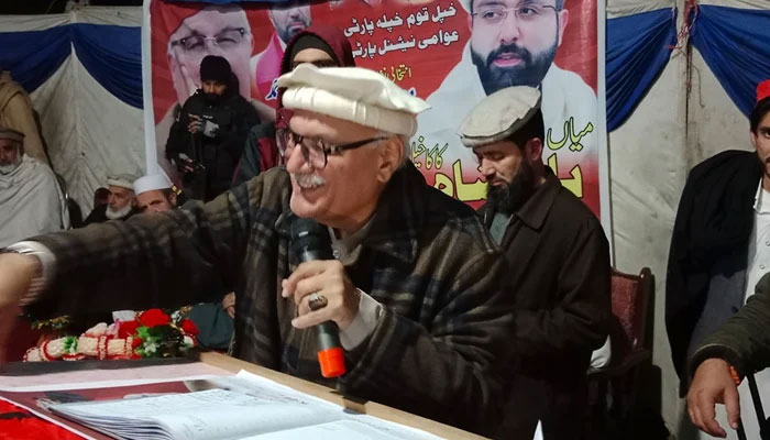 Awami National Party (ANP) General Secretary Mian Iftikhar Hussain Addresses a gathering on January 28, 2024. — Facebook/Mian Iftikhar Hussain