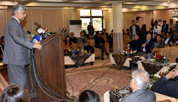 Caretaker Federal Minister for Information and Broadcasting Murtaza Solangi addresses a seminar on Political participation and empowerment of Youth, women, transgender and cultural minorities on February 4, 2024. — APP
