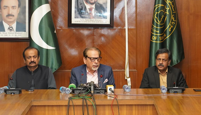 Sindh Caretaker Information Minister Muhammad Ahmed Shah speaks at a press conference on February 6, 2024. — Facebook/Mohammad Ahmed Shah