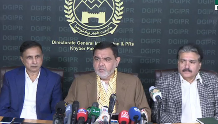 Caretaker Information and Public Relations Minister Barrister Feroze Jamal Shah Kakakhel speaks during a press conference on February 7, 2024. — Facebook/Barrister Feroze Jamal Shah Kakakhel