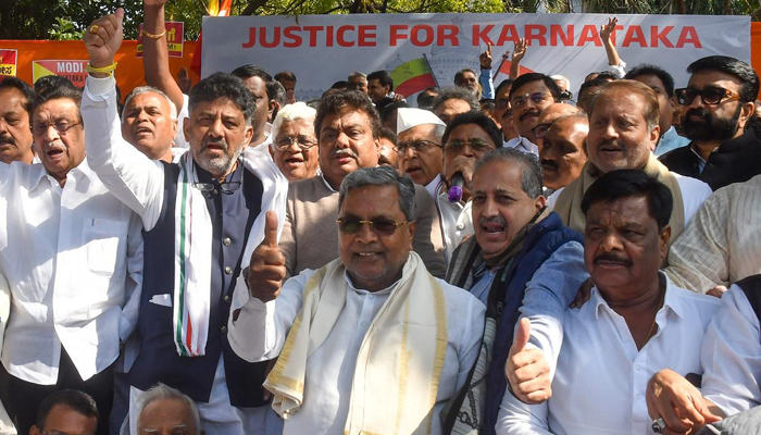 Karnataka Chief Minister Siddaramaiah, Deputy Chief Minister D.K. Shivakumar and other Congress leaders from the State protest against the Centre at Jantar Mantar in New Delhi on February 7, 2024. The Hindu by Sushil Kumar Verma