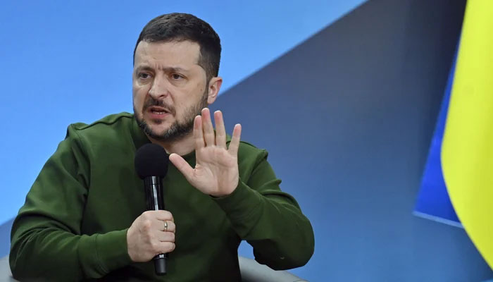 Ukrainian President Volodymyr Zelensky addresses Ukrainian students during a meeting along with the Polish Prime minister in Kyiv on January 22, 2024. — AFP