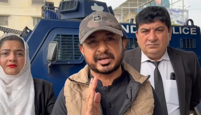 Sindh Pakistan Tehreek-e-Insaf (PTI) president Haleem Adil Sheikh speaks in a video interview after a court hearing on February 10, 2024. — Facebook/Haleem Adil Sheikh