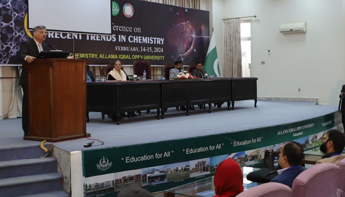 Vice Chancellor, AIOU, Prof. Dr. Nasir Mahmood as a chief guest addresses a two-day 6th international conference on ‘Recent Trends in Chemistry’ commenced at Allama Iqbal Open University (AIOU) on February 14, 2024. — Facebook/Allama Iqbal Open University