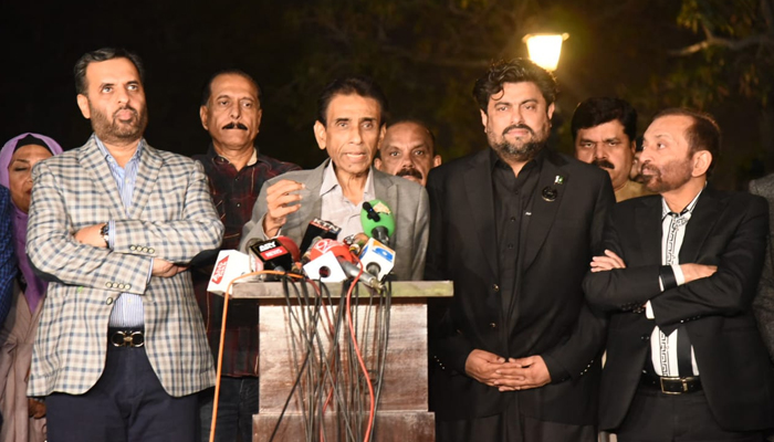 MQM-P Convener Dr Khalid Maqbool Siddiqui speaks to the media outside the Sindh Governor House on February 14, 2024. — X/@KamranTessoriPk