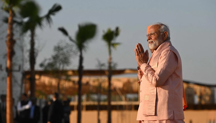 India’s Prime Minister Narendra Modi can be seen while inaugurating the BAPS Hindu Mandir near Abu Dhabi on February 14, 2024. — AFP