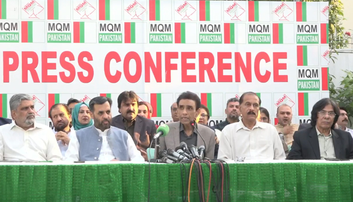 Muttahida Qaumi Movement (MQM-P) Convener, Khalid Maqbool Siddiqui along with other leaders and party workers addresses a press conference at the MQM-P election office Pakistan House in this still on February 15, 2024.. — Facebook/Syed Mustafa Kamal
