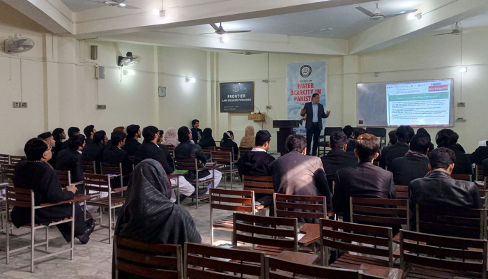 Dr Habib Jan, Director of EPA delivers an address during a session “Water Scarcity in Pakistan” at Frontier Law College in Peshawar on February 15, 2024. — Facebook/Frontier Law College - Legal Institute in Peshawar.