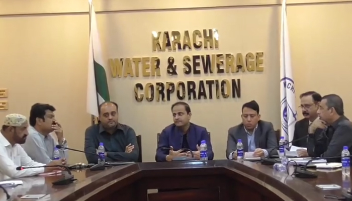 Mayor Karachi and Chairman KWSC Barrister Murtaza Wahab can be seen while presiding over a meeting at the Karachi Water and Sewerage Corporation on February 15, 2024. — Facebook/Karachi Water & Sewerage Corporation