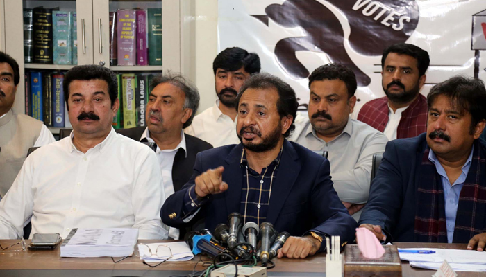 Tehreek-e-Insaf (PTI) Sindh President, Haleem Adil Sheikh speaks during a press conference, in Karachi on February 18, 2024. — PPI