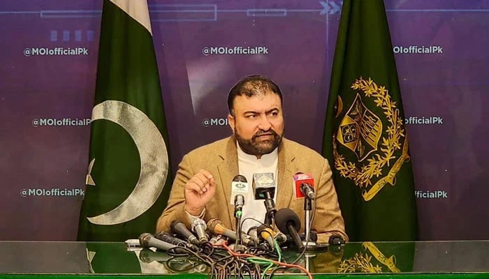 Caretaker Interior Minister Sarfraz Bugti addresses a news conference on December 8, 2023. — PID