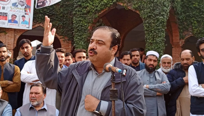 Qaumi Watan Party (QWP) provincial Chairman Sikandar Sherpao addresses an event on February 19, 2024. — Facebook/Qaumi Watan Party