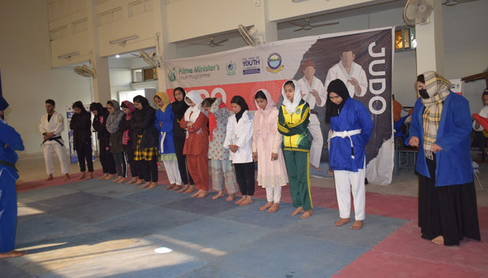 Judo players can be seen during the Two-day trials of the Prime Minister (PM) Youth Talent Hunt Judo at Rawalpindi Womens University (RWU) on February 19, 2024. — Facebook/Rawalpindi Women University