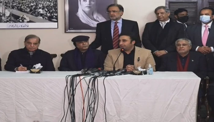 This still shows, PPP chairman Bilawal Bhutto Zardari(2nd R) speaks during press conference along with PPP president Asif Ali Zardari ((2nd L), PML(N) President Shebaz Sharif  (L) and PML(N) leader Ishaq Dar (R) on February 20,2024. — Facebook/Pakistan Peoples Party - PPP