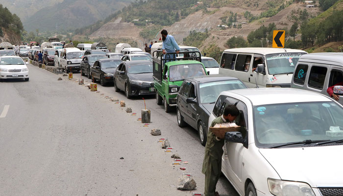 A view of vehicles queueing up amid traffic in Abbottabad due to traffic on the Karakoram Highway on October 20, 2023. — Online