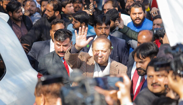 PMLN supremo Nawaz Sharif waves toward his party supporters on February 8, 2024. — Facebook/PML(N)