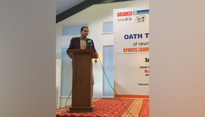 Karachi Mayor Barrister Murtaza Wahab delivered addresses at a seminar on Digital Sindh and the swearing-in ceremony of newly elected office bearers of the Sports Journalists Association Sindh (SJAS) at the Karachi Gymkhana on February 21, 2024. — Facebook/Barrister Murtaza Wahab