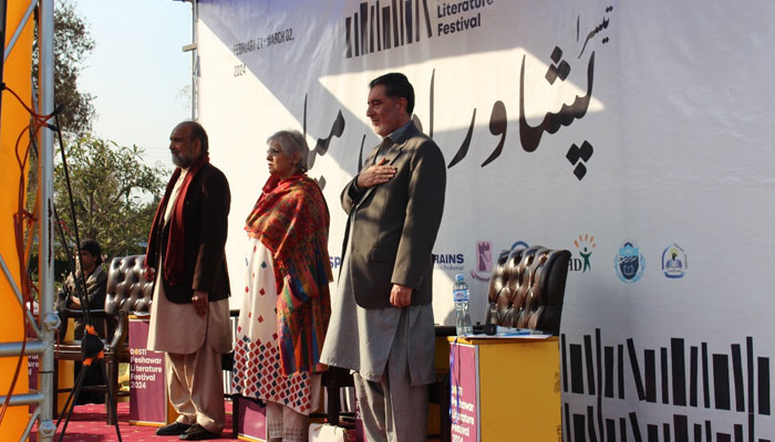 People stand on stage during the inauguration of The 3rd Peshawar Literature Festival on February 21, 2024. — Facebook/Peshawar Literature Festival