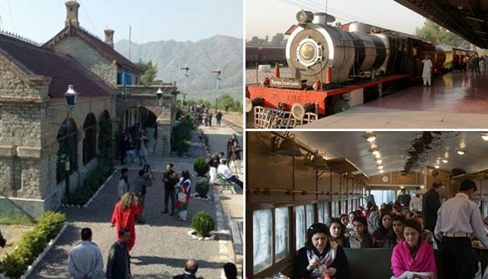 This image shows Collage of safari train  for tourists to the historic Bhuddist ruins in Takhtbhai. — Radio Pakistan