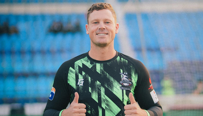 Lahore Qalandars’ South African allrounder George Linde gestures in this image released on February 21, 2024. — Facebook/Lahore Qalandars