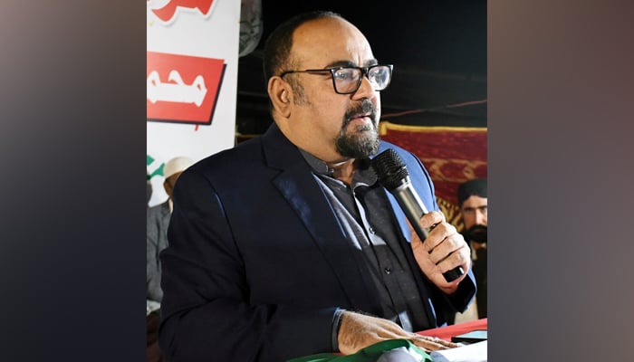 Muttahida Qaumi Movement-Pakistan leader Khajawa Izharul Hassan addresses a gathering of supporters in Karachi on December 11, 2023. — Facebook/MQM ( Muttahida Quami Movement)