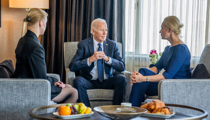 President Joe Biden meets with Yulia Navalnaya (R) widow of Alexei Navalny, and daughter Dasha Navalnaya, in San Francisco, California, on February 22, 2024. — AFP