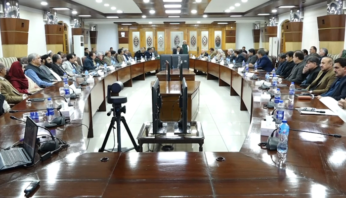 Chief Minister Syed Arshad Hussain Shah chairs a farewell meeting of the caretaker provincial cabinet in this still on February 22, 2024. — Facebook/Government of Khyber Pakhtunkhwa