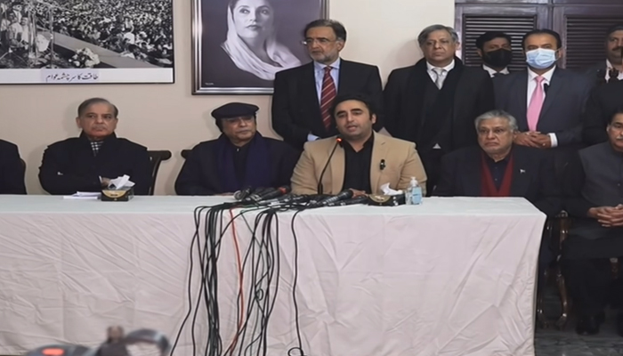 This still shows Chairman PPP Bilawal Bhutto-Zardari addressing a press conference with co-chairman PPP Asif Ali Zardari (c) and former PM and PMLN President Shehbaz Sharif looking toward cameras on February 21, 2024. — Facebook/Pakistan Peoples Party - PPP