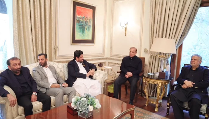 PMLN leader and nominated prime minister Shehbaz Sharif can be seen while meeting with the MQM-P delegation. — Facebook/Mian Shehbaz Sharif