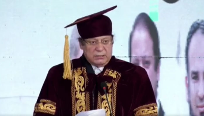 Pakistan Muslim League Nawaz (PMLN) leader Nawaz Sharif addressing the convocation of Sharif Medical Trust on February 24, 2024. — Facebook/Nawaz Sharif