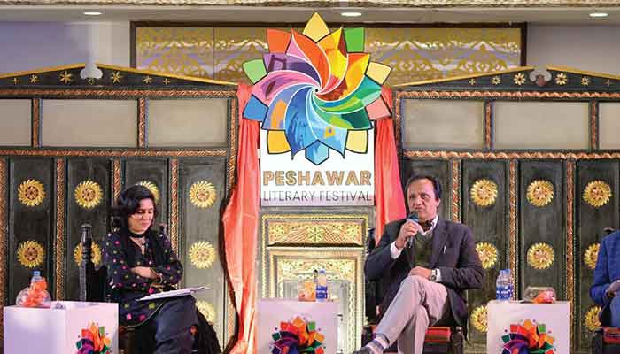 Participant speaks during a Peshawar Literary Festival. — Facebook/Peshawar Literary Festival