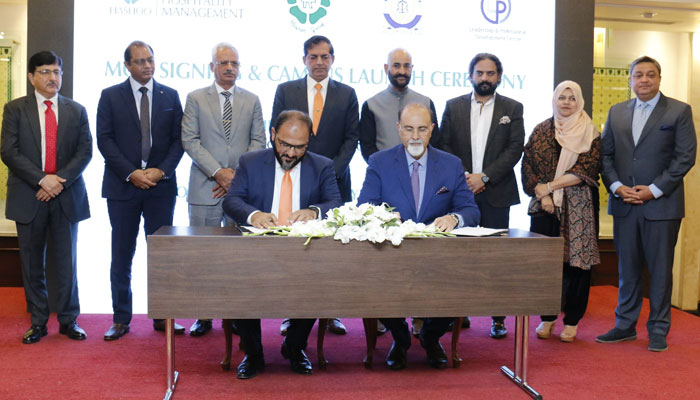 Memorandum of Understanding (MOU) signing ceremony between Bahria University, Leadership and Professional Development Centre (LPDC) and Hashoo School of Hospitality Management at the Pearl-Continental Hotel Rawalpindi on February 23, 2024. — Facebook/Bahria University